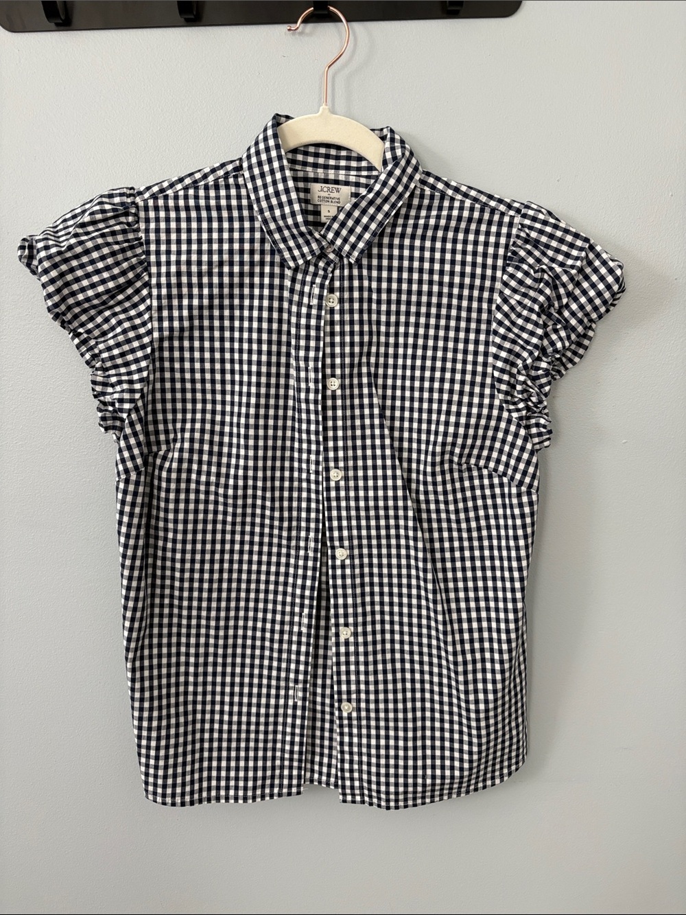 J. Crew Navy & White Gingham Button-Down with Ruffle Sleeves